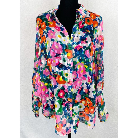 SALONI • Floral Semi-Sheer Long Sleeve Button-Down Shirt - Picture 8 of 16